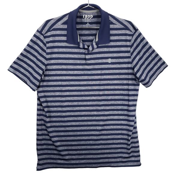IZOD Golf Polo Mens Medium Blue Striped Short Sleeve Athletic Stretch Logo Shirt - Picture 1 of 11